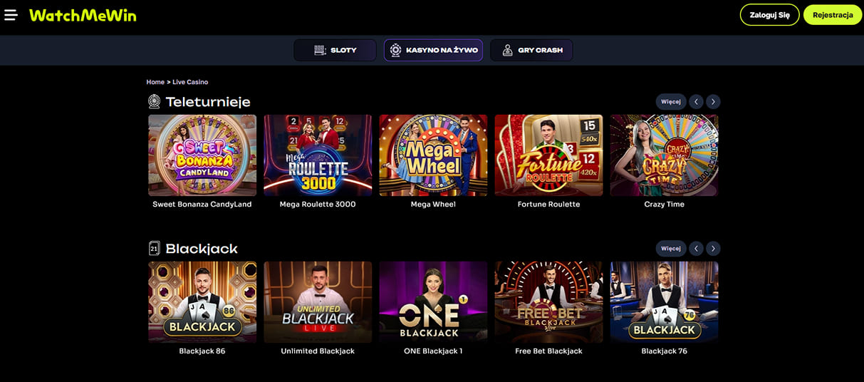 baner z biblioteką gier na żywo w Casino WMW